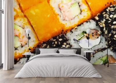 Overhead japanese sushi food. Top view of assorted sushi rolls Wall mural