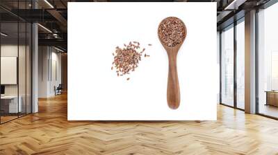 Brown flax seed in spoon top view on white background. Wall mural