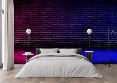 Abstract image of Studio dark room with lighting effect red and blue on black brick wall gradient background for interior decoration. Wall mural