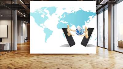 Business Communication Concept : Two wooden figure mannequin holding and deliver blue planet earth globe together. (Elements of this image furnished by NASA.) Wall mural