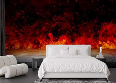 Side view of Empty concrete table top with orange fire or flame and sparkles in dark room. Wall mural