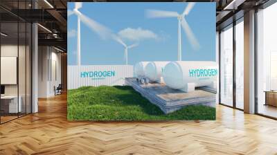 hydrogen power and wind tubine for generate green hydrogen, zero emission power, 3d illustration rendering Wall mural