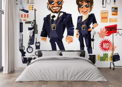 Bodyguard character design with weapon and equipment icon. smart man and women in black suit. typographic. security concept Wall mural