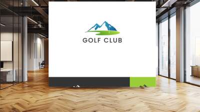 A simple golf logo featuring a mountain backdrop, a green golf course, and a flagstick. Minimalist yet striking, it captures the essence of golfing in scenic landscapes. Wall mural