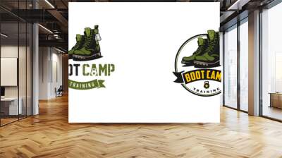 The illustrated logo concept features elements of boot camp, military, and fitness. The design incorporates a boot, dumbbell, and military-inspired imagery. Wall mural