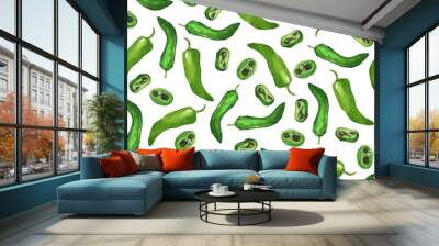 Seamless pattern with fresh green pepper on white background. Hand drawn watercolor illustration. Wall mural