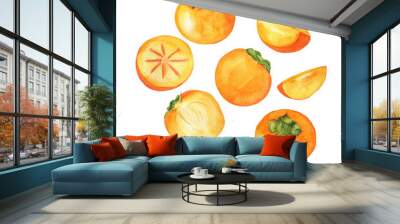 Set of fresh orange persimmon fruit. Hand drawn watercolor illustration. Wall mural