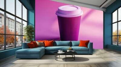 Aesthetic deep purple paper coffee cup with lid. Light minimalist background with copy space. Drink to go. Generative AI Wall mural