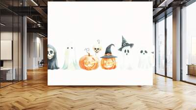 Aesthetic halloween watercolor mockup with pumpkins, ghosts, skeletons, pastel light colors and backdrop. Generative AI Wall mural