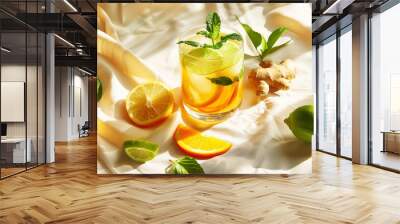 Aesthetic homemade immunity boosting drink with ginger, citrus and mint leaves. Organic detox concept. Generative AI Wall mural