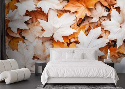 Aesthetic maple leaves, top view, autumn mood template. Generative AI Wall mural