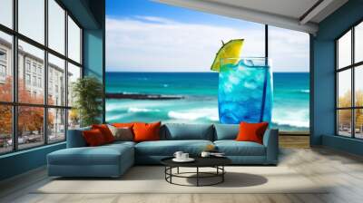 Blue Hawaiian cocktail on background with blue sea and sky tropical background. Generative AI Wall mural