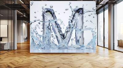 Capital letter M made of blue water splashes or ice on light background. Scrapbook activity. Generative AI Wall mural