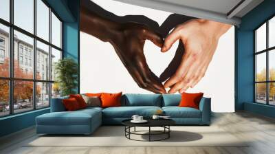 Close-up of two hands intertwined in the shape of heart, on light clean background. Love concept. Generative AI Wall mural