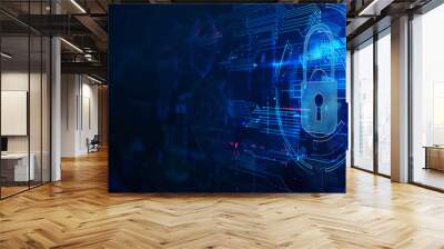 Digital access lock. Dark blue business and technology background, data protection and cyber security. Generative AI Wall mural