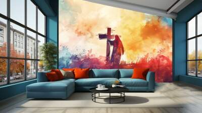 Easter crucifixion scene with silhouettes of the cross of Jesus Christ. Watercolor. Light colours. Generative AI Wall mural