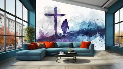 Easter crucifixion scene with silhouettes of the cross of Jesus Christ. Watercolor. Light colours. Generative AI Wall mural