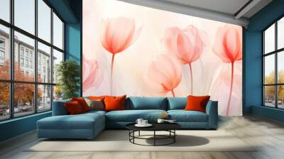 Elegant tulip flowers transparent watercolour background. Pastel colour palette. Generative AI Wall mural