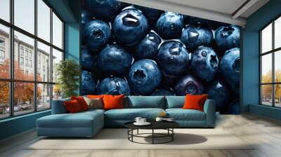 Fresh ripe blueberries with water drops background. Berries backdrop. Generative AI Wall mural