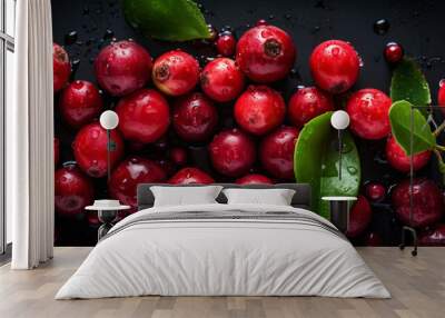 Fresh ripe lingonberry with water drops background. Berries backdrop. Generative AI Wall mural