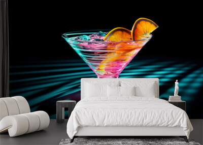 Glass of cocktail in hypnotic neon light. Colorful rave party drink. Generative AI Wall mural