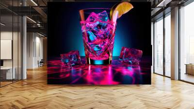 Glass of cocktail in hypnotic neon light. Colorful rave party drink. Generative AI Wall mural