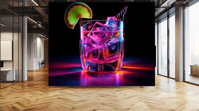 Glass of cocktail in hypnotic neon light. Colorful rave party drink. Generative AI Wall mural