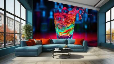 Glass of cocktail in hypnotic neon light. Colorful rave party drink. Generative AI Wall mural