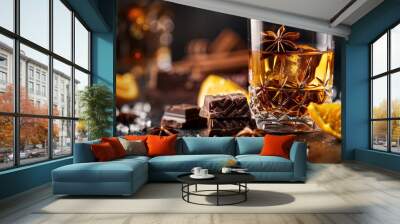 Glass of luxury whiskey with citrus fruit, piece of chocolate, anise star, barley grain. Adv Concept. Generative AI Wall mural