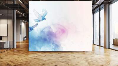 Hand painted watercolor card with two doves on aesthetic background. Pastel light colors. Peace concept. Generative AI Wall mural