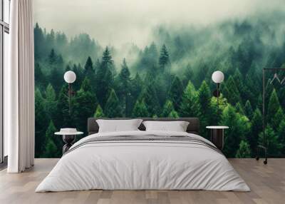 Misty landscape with fir forest in vintage retro style. Generative AI Wall mural