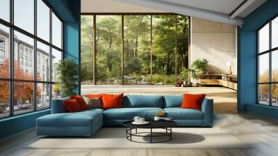 Modern room in house surrounded with forest. Large windows, organic architecture. Generative AI Wall mural