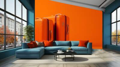 orange travel suitcase, on orange background. trip concept. generative ai Wall mural