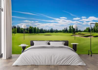 Panoramic view of Golf Course. Golf field with a rich green turf beautiful scenery. Generative AI Wall mural