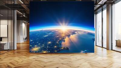 Panoramic view on planet Earth globe from space with rising sun. Glowing city lights, light clouds. Generative AI Wall mural