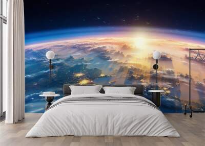 Panoramic view on planet Earth globe from space. Glowing city lights, light clouds. Generative AI Wall mural