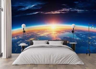 Panoramic view on planet Earth globe from space. Glowing city lights, light clouds. Generative AI Wall mural