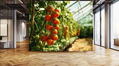 Ripe red tomatoes cluster in greenhouse. Vegetable on organic farm concept . Generative AI Wall mural