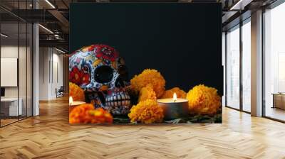 Template for Dia de Los Muertos (Day of the dead), calavera, marigolds, black background, copy space. Generative AI Wall mural