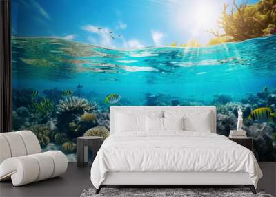 Underwater view of a colorful sea coral reef with fishes. Ocean ecosystem. Generative AI Wall mural