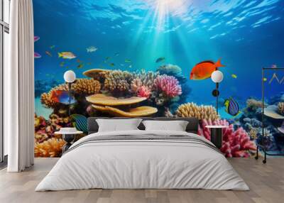 Underwater view of a colorful sea coral reef with fishes. Ocean ecosystem. Generative AI Wall mural