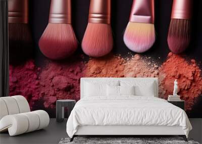 Variety pallet of broken makeup powder and blusher with soft brushes. Sample cosmetics concept. Generative AI Wall mural