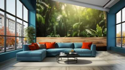 Wood table mockup with tropical jungle on background. Empty copy space for product presentation. Generative AI Wall mural