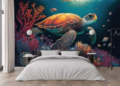 Green sea turtle on coral reef. Marine life. 3d illustration. Wall mural