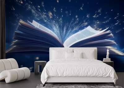 Open book with light rays on dark blue background. 3d rendering, generative Ai Wall mural