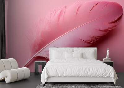 Pink feather on a pink background. Close-up, macro. Wall mural