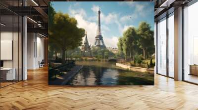 The Eiffel Tower and Seine River in Paris, France, illustration style, Generative Ai Wall mural