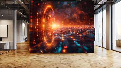 A mesmerizing abstract depiction of futuristic technology, featuring a captivating lens flare and evoking concept of space or time travel amidst a backdrop of radiant lights, creating a science fictio Wall mural