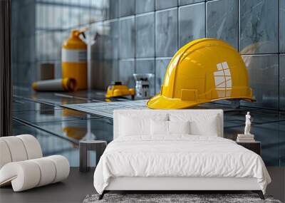 abstract technology background showcases contractor concept with a striking yellow hardhat, precise libella, and detailed plans arranged on sleek gray tiles, symbolizing fusion of innovation and prec Wall mural