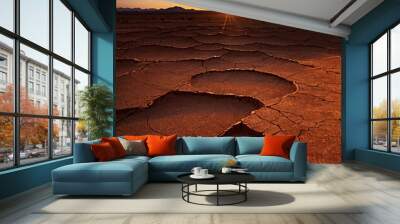 Dramatic sunset over cracked earth. Desert landscape background. Wall mural